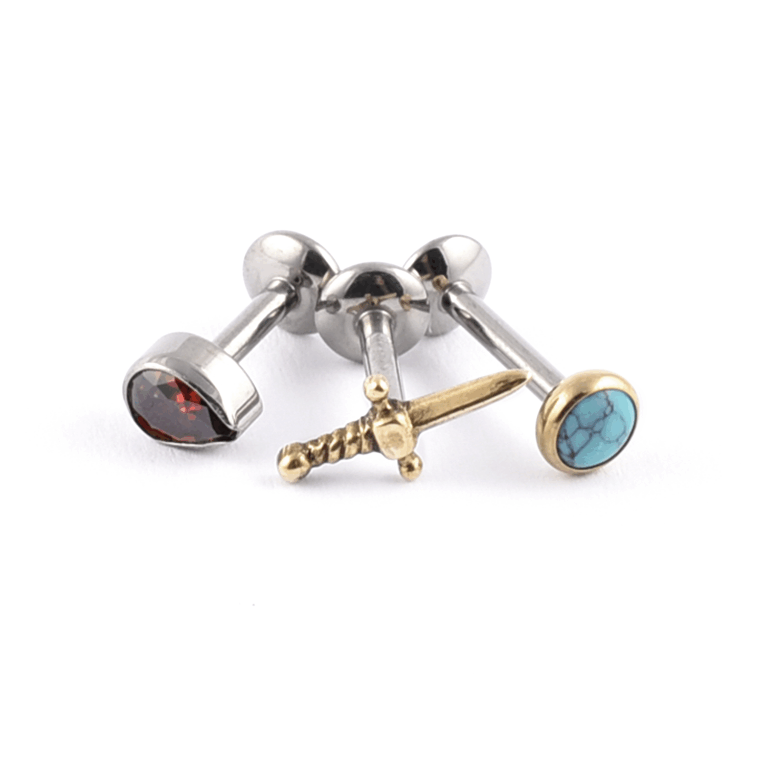 Collection of labrets for lip and ear piercings